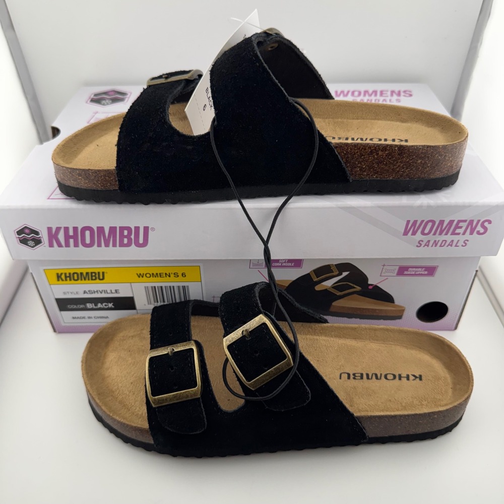 Khombu Ashville Sandals Womens 6 Black New Suede Two Strap Cork Slide Shoes